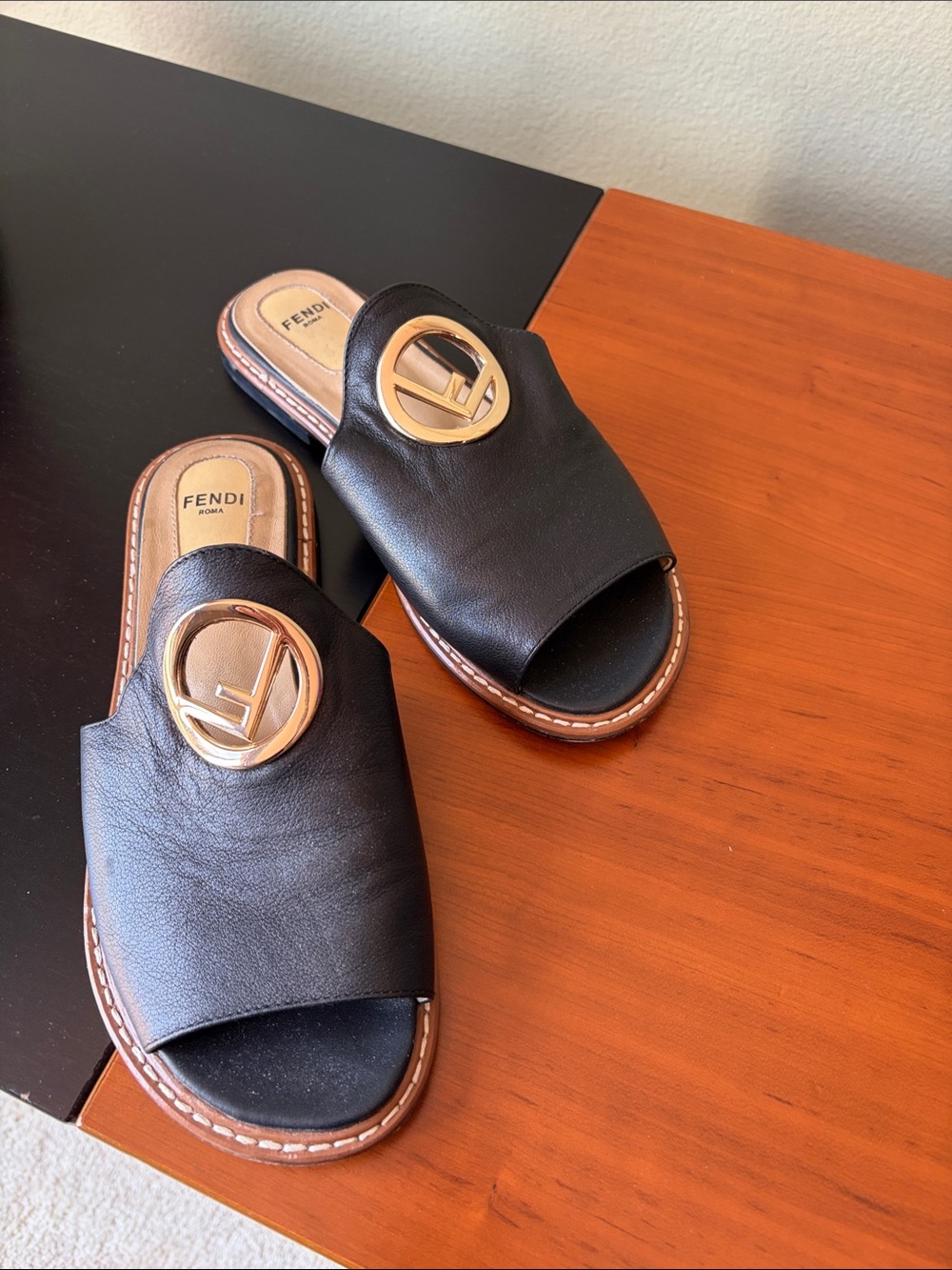 Fendi Black Leather Slides with Gold FF Medallion